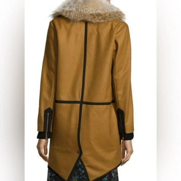 Veronica Beard Granite Wool-Cashmere Zip Parka with Fur Collar Camel